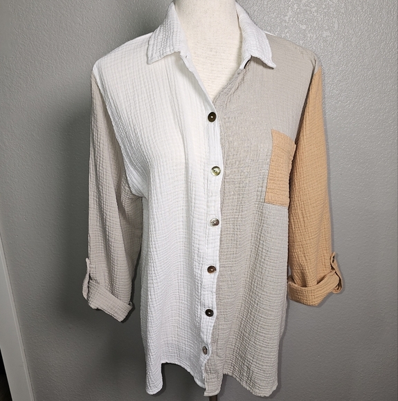 Shannon Passero Colorblock Button Up Gauzy 100% Cotton Shirt.  Tan Cream.  Lg - Picture 8 of 13